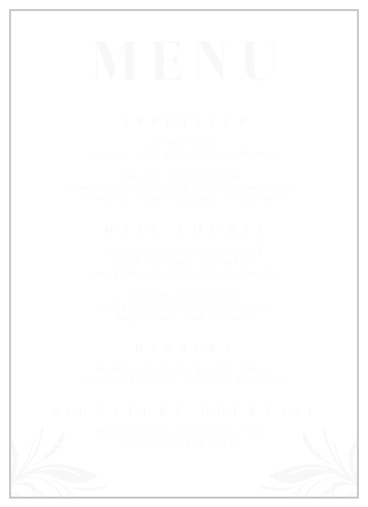 Describe every mouthwatering detail of your reception dinner to family and friends with our Timely Tradition Clear Wedding Menus.