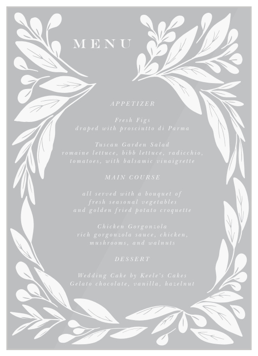 Outline your event's meal courses with our stylish Blooming Love Clear Wedding Menus!