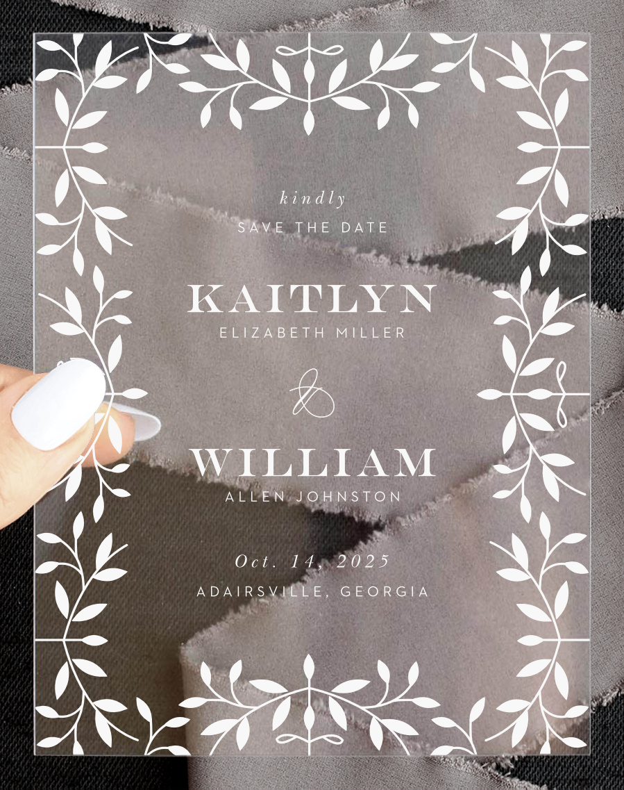 Laced in Laurels Clear Save the Date Cards