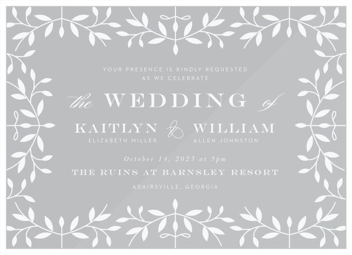 Share your wedding information in botanical splendor with our Laced in Laurels Clear Wedding Invitations. 