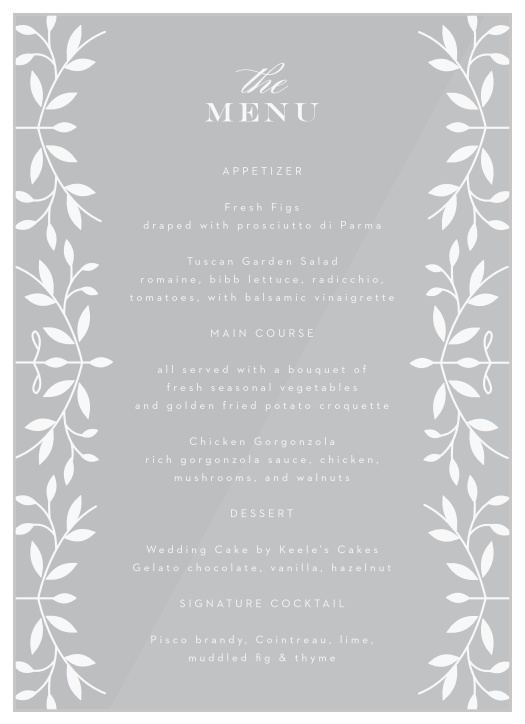 Share your wedding information in botanical splendor with our Laced in Laurels Clear Wedding Menus.