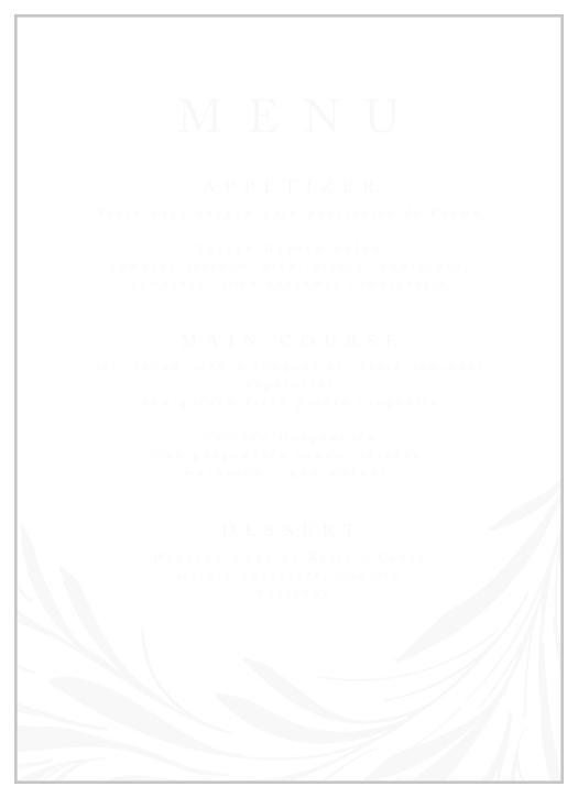 Inform family and friends of every delicious food that will be served at your reception dinner with the rustic look our Swirling Wreath Clear Wedding Menus.