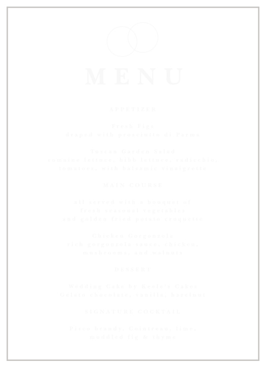 Our Two Rings Clear Wedding Menus describe every mouthwatering detail of your reception dinner to family and friends.