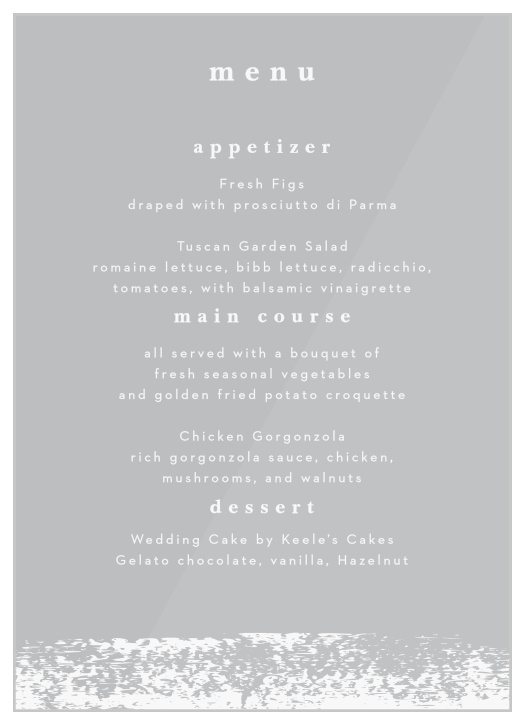 Present your event's meal courses on our lovely Brushstroke Corners Clear Wedding Menus!