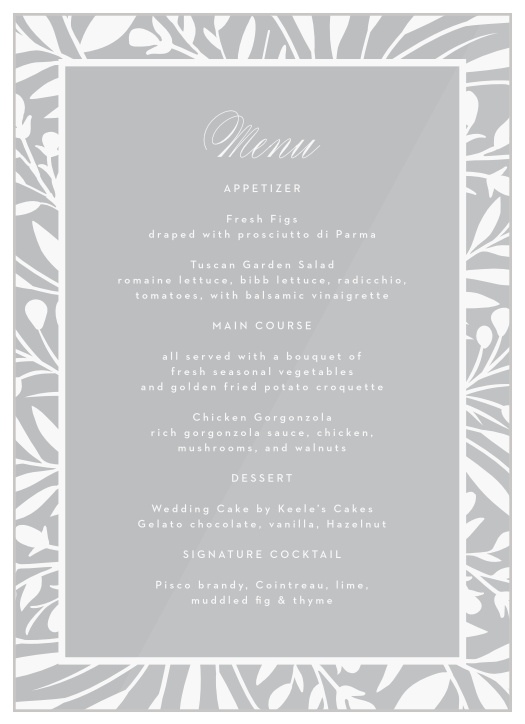 Inform family and friends of every delicious food that will be served at your reception with our Botanical Burst Clear Wedding Menus.