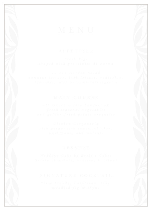 Our Trimmed Trifecta Clear Wedding Menus inform family and friends what delicious foods you will have served at your reception.