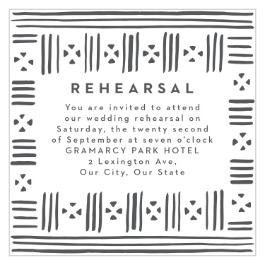 Share your wedding information in exotic style with our Stamped Mudcloth Rehearsal Cards.