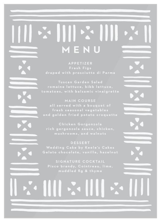 Share your wedding information in exotic style with our Stamped Mudcloth Clear Menus.