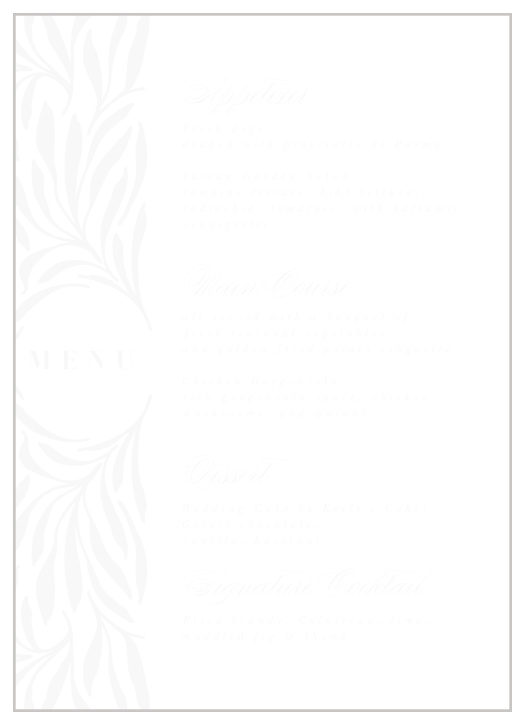 Describe each food that will be served at your reception with our Garden Monogram Clear Wedding Menus.