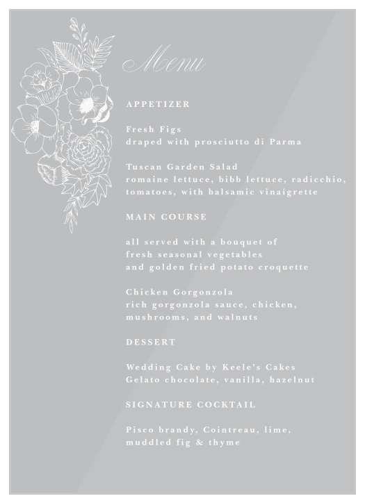Share your wedding information with timeless style with our Rustic Botanicals Clear Wedding Menus.