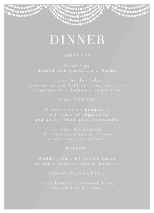Describe every mouthwatering detail of your reception dinner to family and friends with our Dotted Border Clear Wedding Menus.
