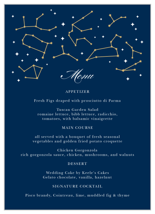 Our Classic Constellation Foil Wedding Menus are the perfect way to outline the course selections at your wedding celebrations!