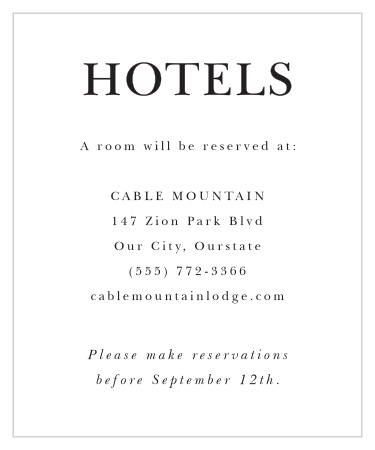Let your guests know where they will be staying while enjoying all the wedding celebrations, with our Classic Type Accommodation Cards!