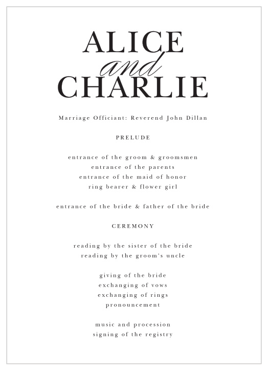 Keep your guests in the loop throughout your ceremony, by providing our Classic Type Wedding Programs!