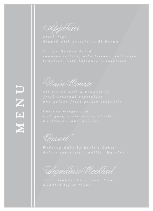 Display your event's meal courses using our elegant Classical Tradition Clear Wedding Menus!