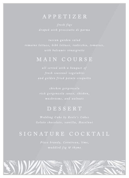 Display our Garden Circles Clear Wedding Menus at every table setting, to elegantly share what will be served during your event's meal!