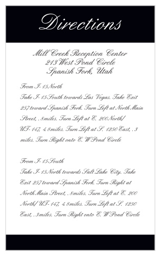 Pure elegance in it's simplicity, the bold stripes of our Forever Chic direction card is the perfect accessory for the Forever Chic invitation's bold stylings. Customize the colors and fonts of this direction card to match your invite and your style perfectly.