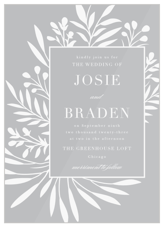 Bring family and friends together to celebrate your marriage with the rustic look of our Offset Blooms Clear Wedding Invitations.