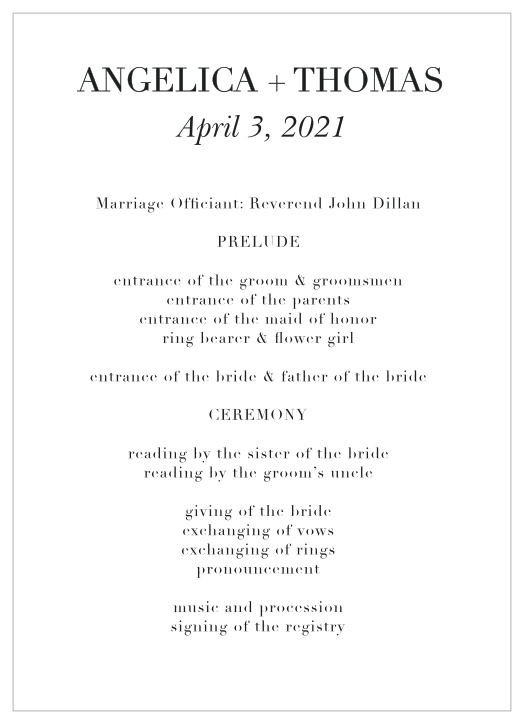Walk family and friends through each step of your marriage ceremony with our Classic Editorial Wedding Programs.