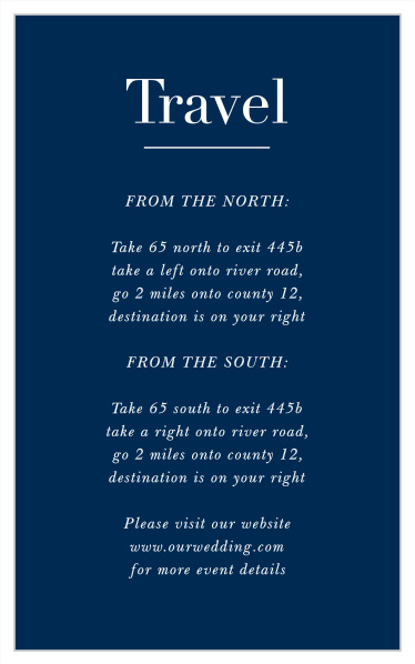 Friends and family will have no issue finding the location of your wedding venue with the help of our Chapter One Direction Cards. 