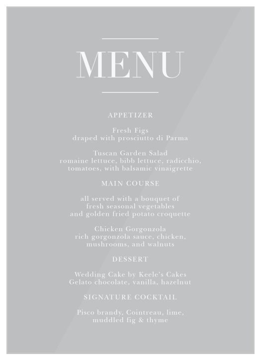 Describe every delicious food that will be served at your reception with our Chapter One Clear Wedding Menus.