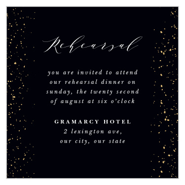 Share your wedding information in dazzling style with our Stunning Stardust Rehearsal Cards. 