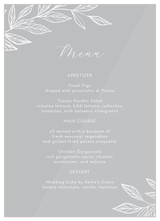 Share your wedding information with a touch of botanical beauty with our Wispy Leaves Wedding Menus.