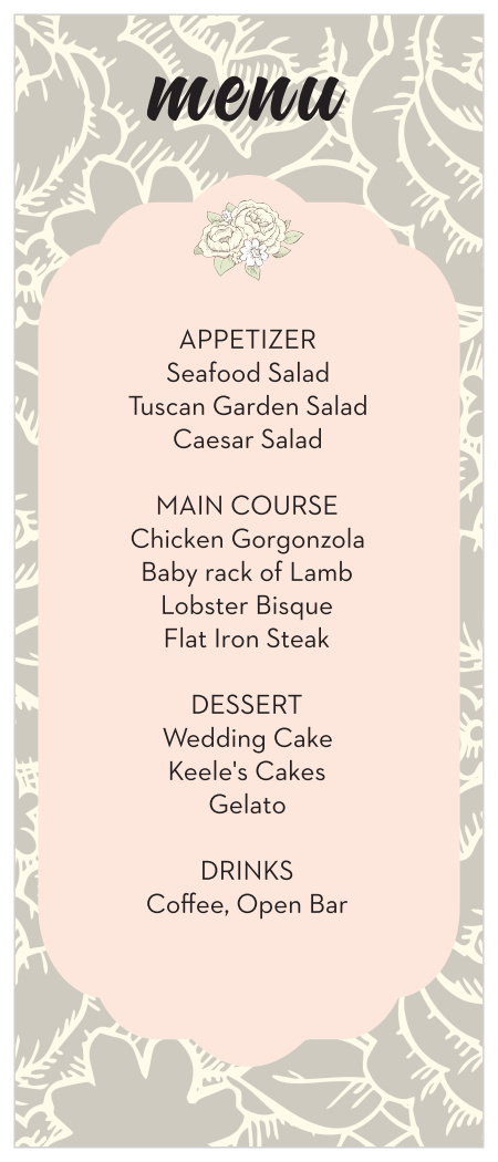 Our Subtle Peonies menu is perfect for any venue! The tall format of this menu gives you all the room you need. Totally customizable fonts and colors too! Hooray!