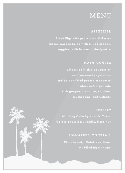 Share your wedding information with a touch of tropical trendiness with our Palm Springs Clear Wedding Menus.