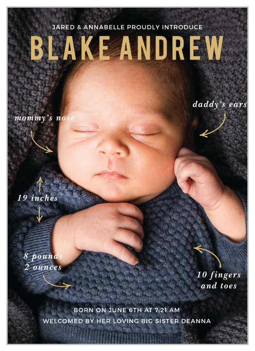 Our Arrow Stats Boy Foil Birth Announcements are cute and unique designs to easily share information about your new baby with your loved ones!