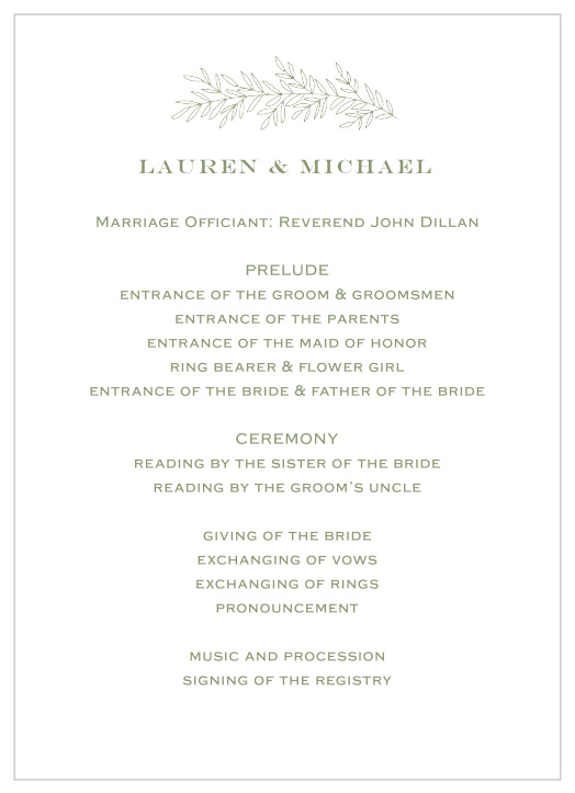 Share your wedding information in simplistic beauty with our Vintage Greenery Wedding Programs.