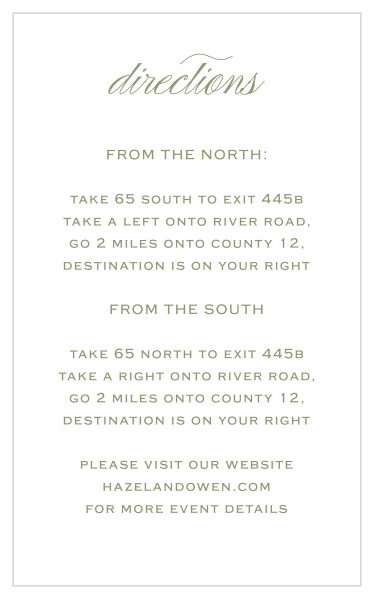 Share your wedding information in simplistic beauty with our Vintage Greenery Direction Cards.