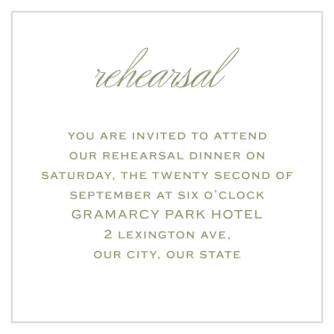 Share your wedding information in simplistic beauty with our Vintage Greenery Rehearsal Cards. 