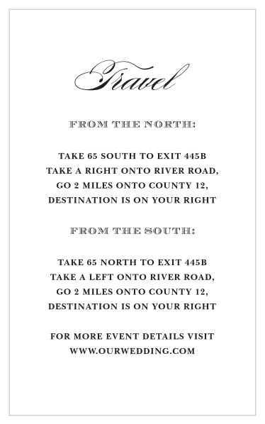 Share your wedding information with timeless class with our Swirling Cheri Direction Cards.