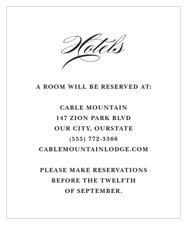 Share your wedding information with timeless class with our Swirling Cheri Accommodation Cards.
