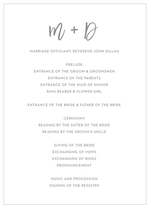 Walk friends and family through every step of your marriage ceremony with the minimalist look of our Marker Script Wedding Programs.