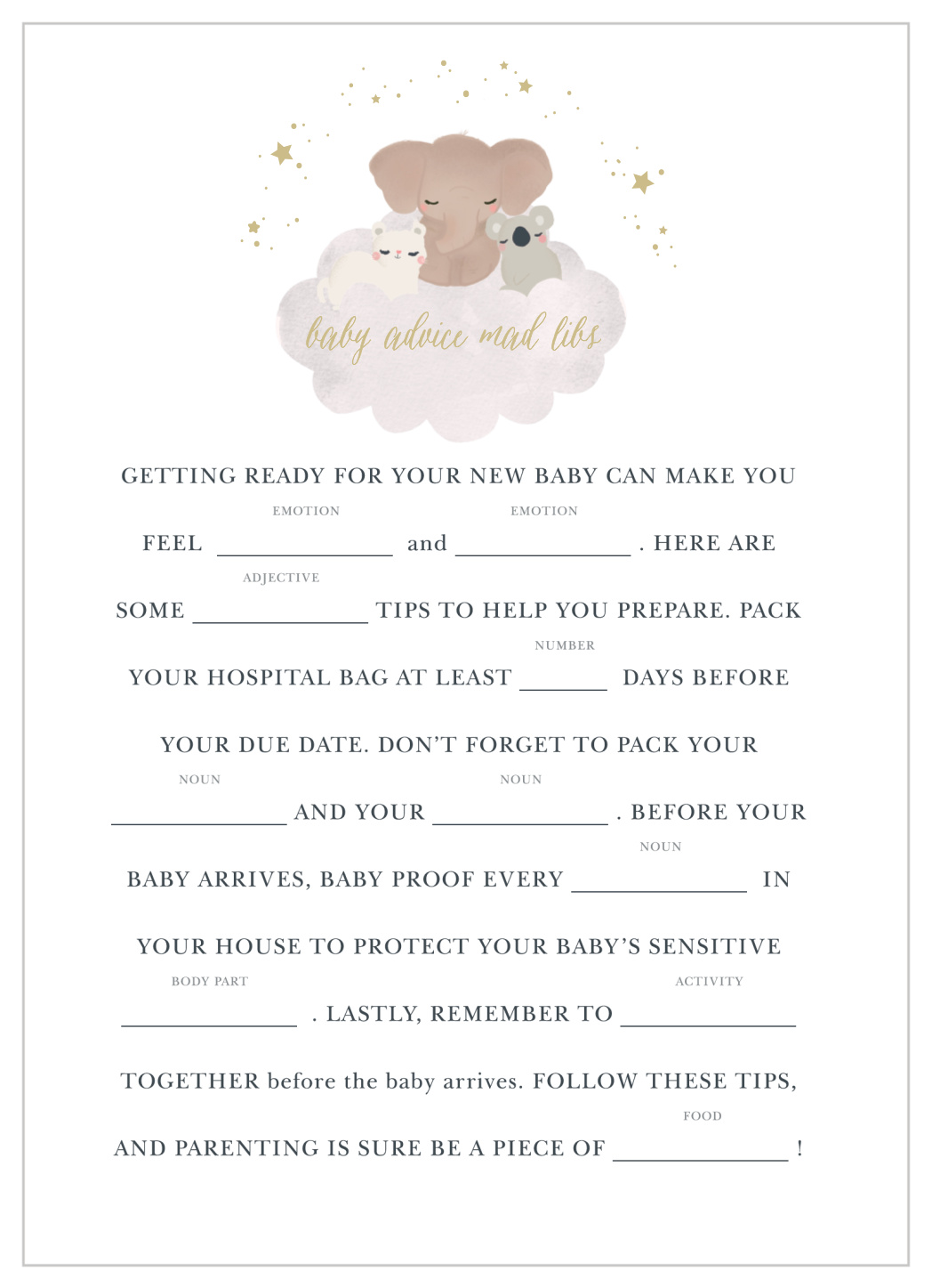 Starry Animals Baby Shower Mad Libs