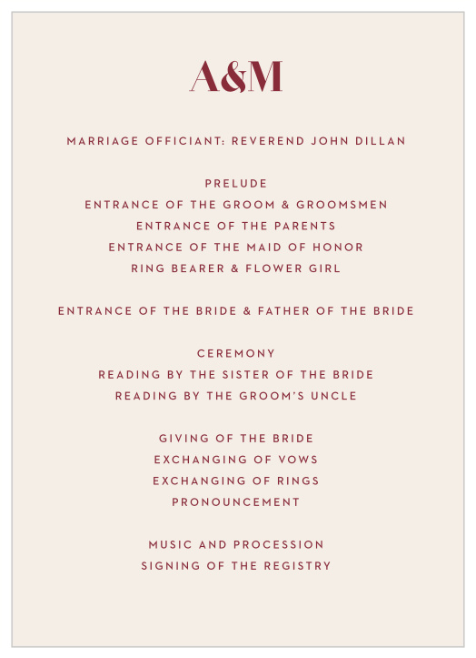 Our Bold Swash Wedding Programs keep friends and family up to date during the ceremony.