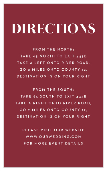 Guide family and friends on their way to your wedding venue with our Bold Swash Direction Cards.