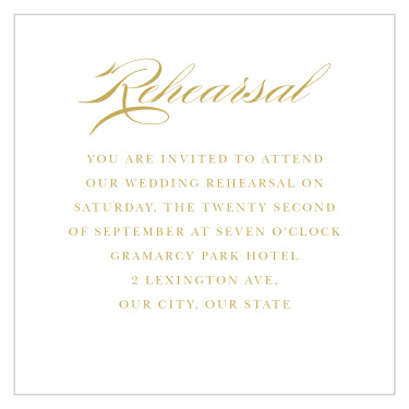 Bring family and friends together the night before to be sure your wedding goes smoothly with our Deco Classic Rehearsal Cards.