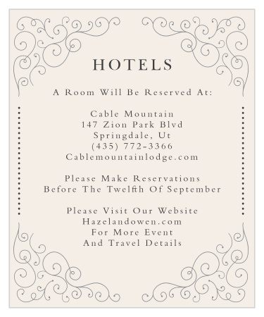 Surprise your guests with a place to stay while in town for your event, by giving them our Swirl Frame Accommodation Cards!