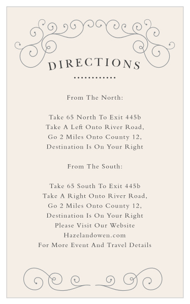Provide the instructions on how to arrive at your venue, with our Swirl Frame Direction Cards!