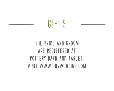 Inform friends and family where you have registered for wedding gifts when you send out our Chalkboard Inscription Registry Cards.