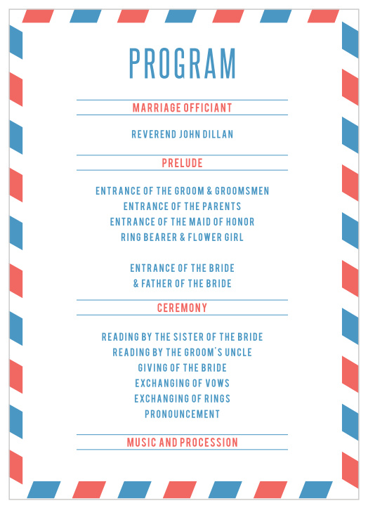 Our bright Unique Airmail Wedding Programs are just what you need to keep your guests in the loop during your event!