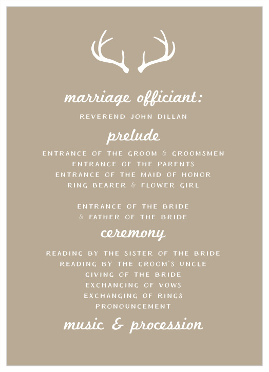 Our Rustic Antlers Wedding Programs keep family and friends updated throughout the ceremony.
