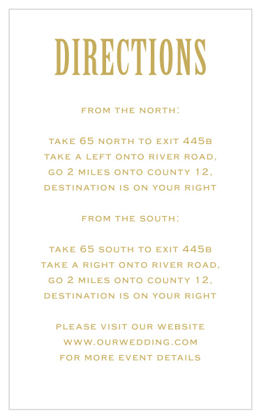 Make sure that your out-of-town guests can easily navigate their way to your venue, with our convenient Antique Luxury Direction Cards!