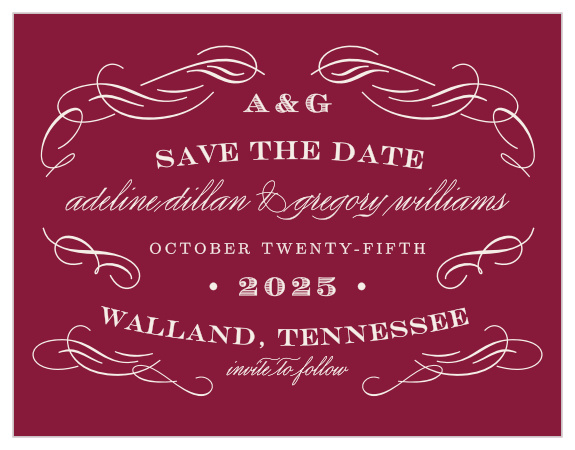 Share your wedding information in style with our Scrolled Frame Save the Date Cards.