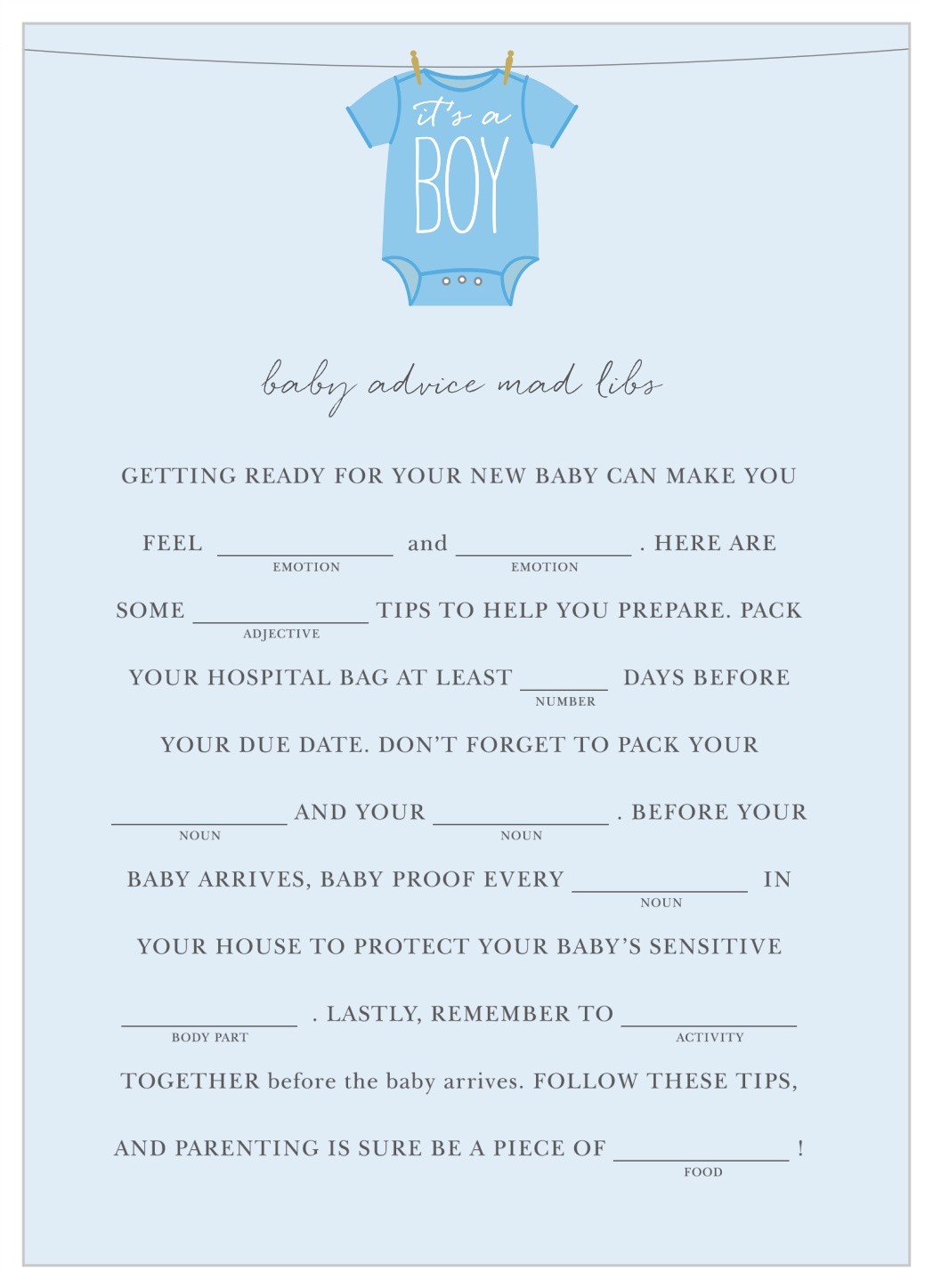 Boy Onesie Clothesline Baby Shower Mad Libs by Basic Invite
