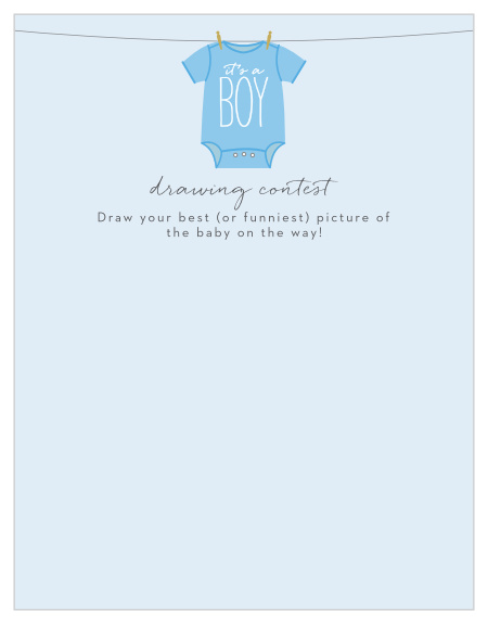 Give your guests the opportunity to provide a snapshot of your newborn in hilarious or heartfelt sketches with our Boy Onesie Clothesline Baby Drawing Contest!