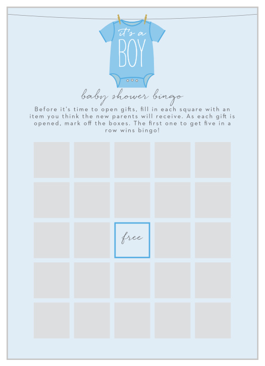 Keep the magic and surprise alive with our Boy Onesie Clotheslines Baby Shower Bingo.